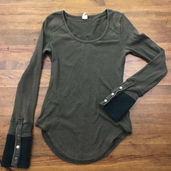 Free People Olive Green Thermal Tee Long Sleeve M - Picture 2 of 8